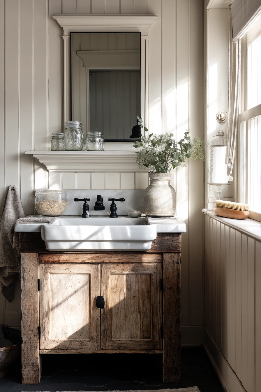 Farmhouse Bathroom with Chunky Crown and Worn Wood
