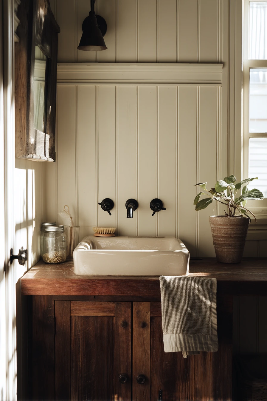 Farmhouse Bathroom with Chunky Crown and Worn Wood