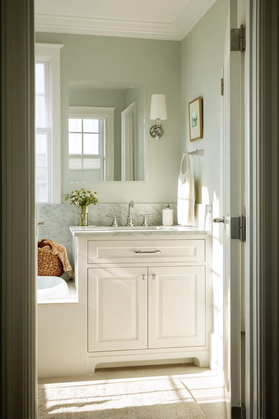 Classic White Bathroom with Painted Crown Molding