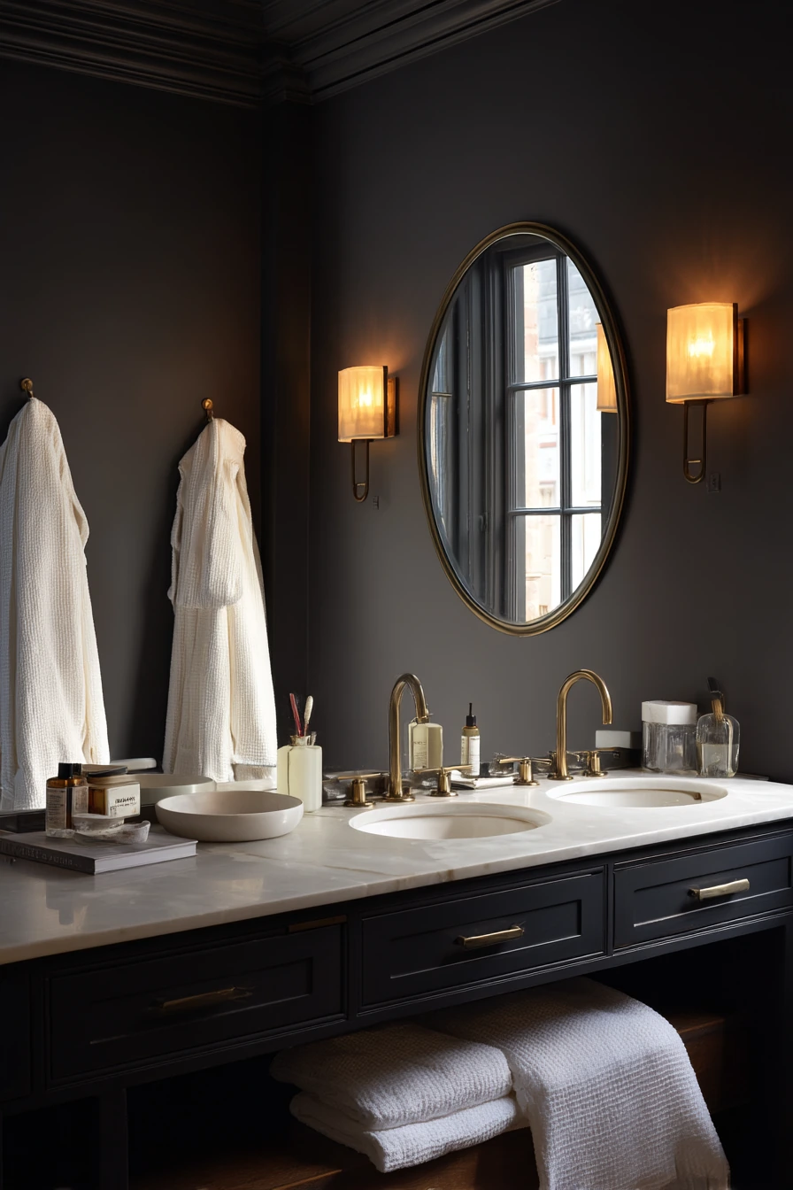 Moody Primary Bath with Dark Crown Trim