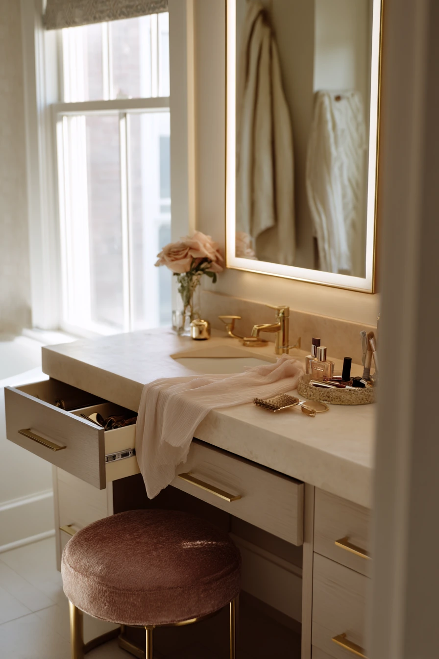 Primary Bath with Makeup Station, Soft and Polished