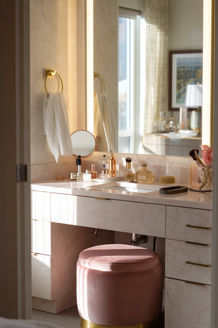 Primary Bath with Makeup Station, Soft and Polished