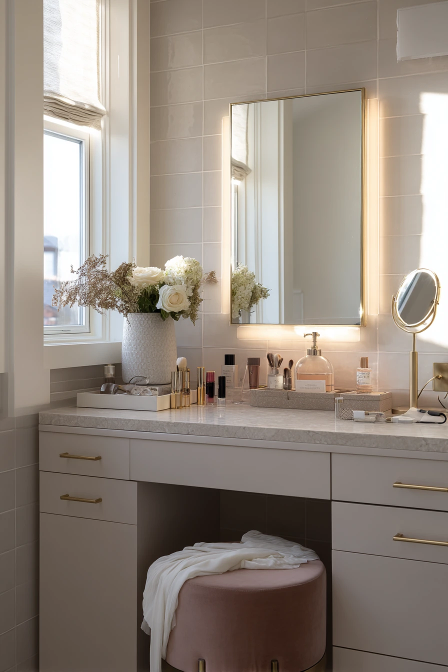 Primary Bath with Makeup Station, Soft and Polished