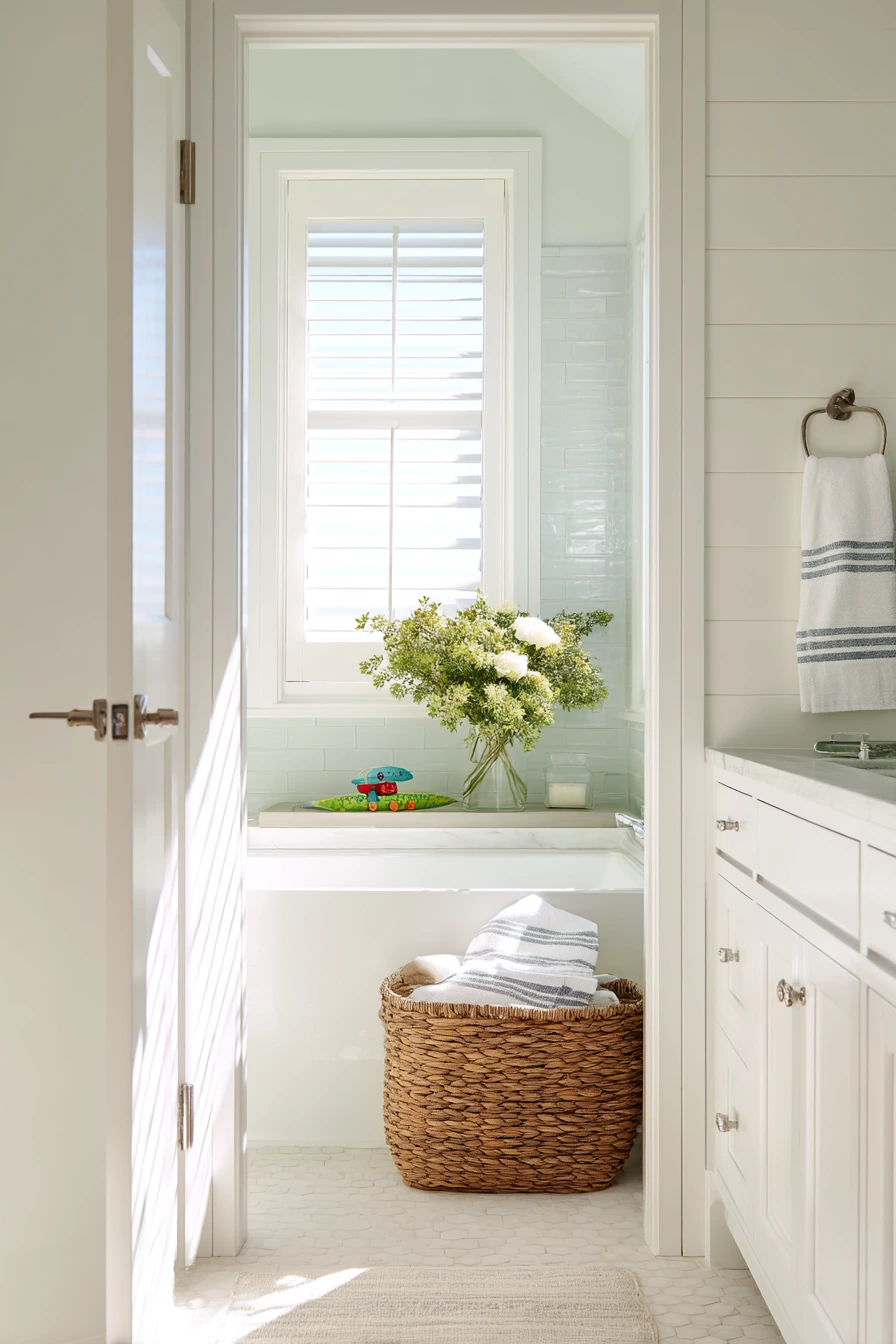 Louvered Door for a Coastal Family Bath