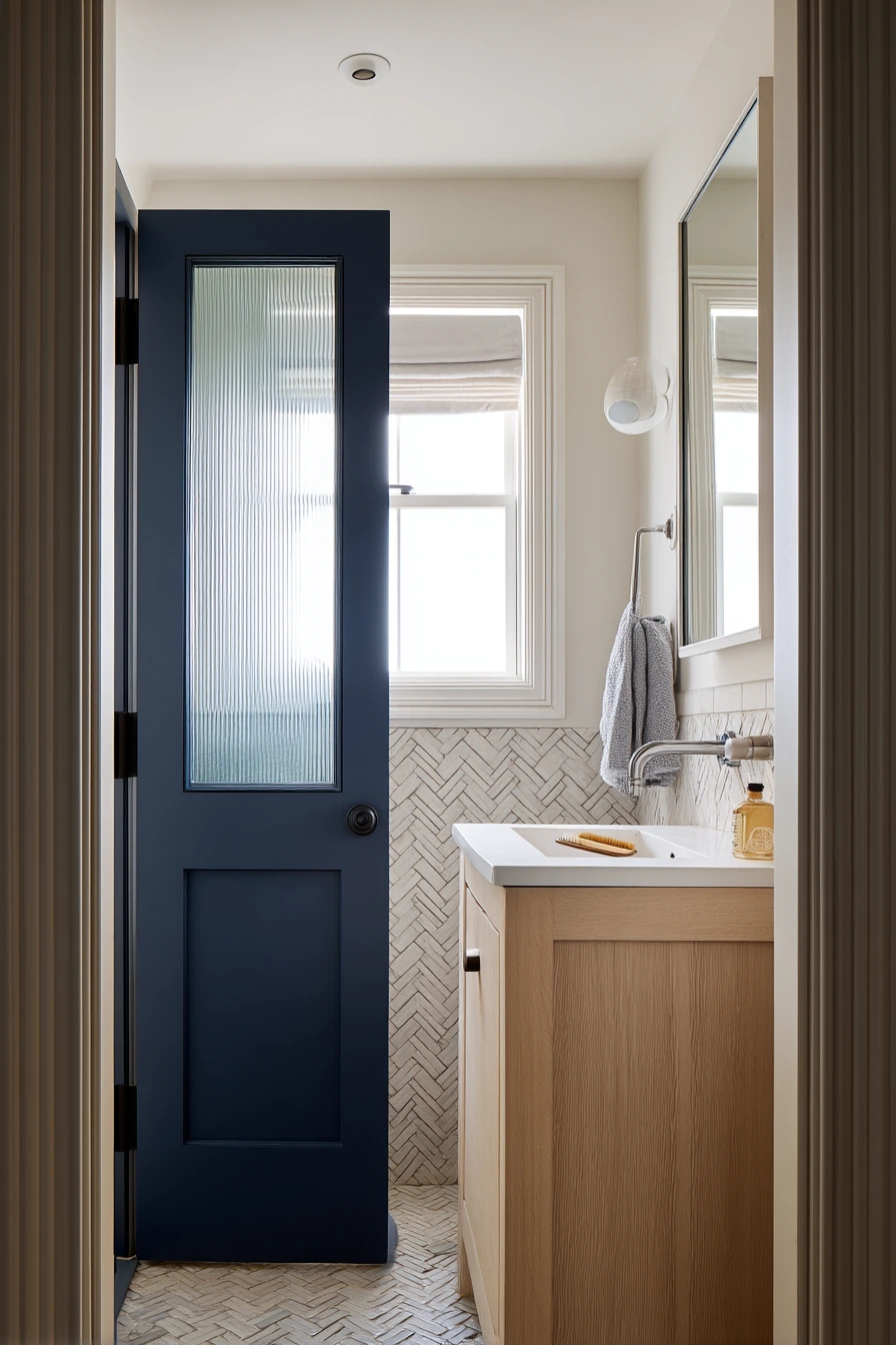Graphic Tile-Backed Door for a Renovated Hall Bath