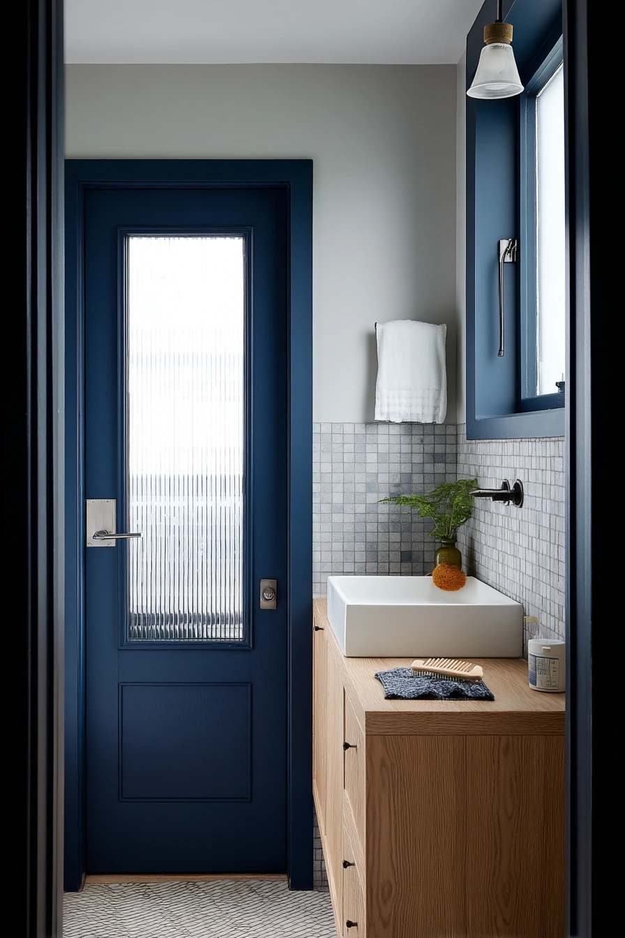 Graphic Tile-Backed Door for a Renovated Hall Bath