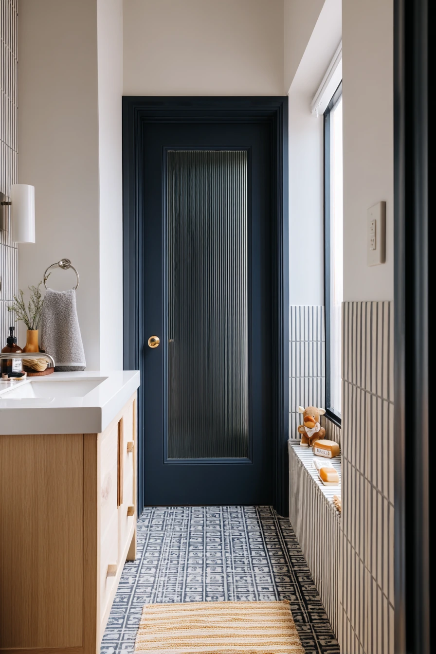 Graphic Tile-Backed Door for a Renovated Hall Bath