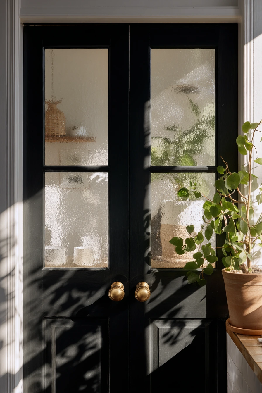 Glass-Paned Door with Soft Privacy for a Shared Bath