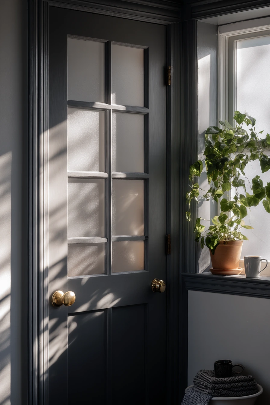 Glass-Paned Door with Soft Privacy for a Shared Bath