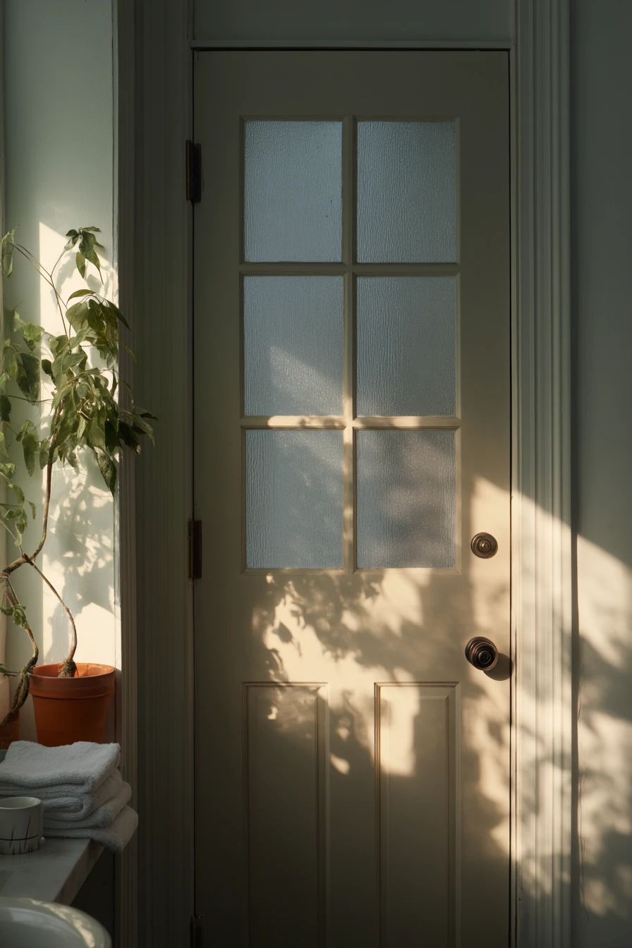 Glass-Paned Door with Soft Privacy for a Shared Bath