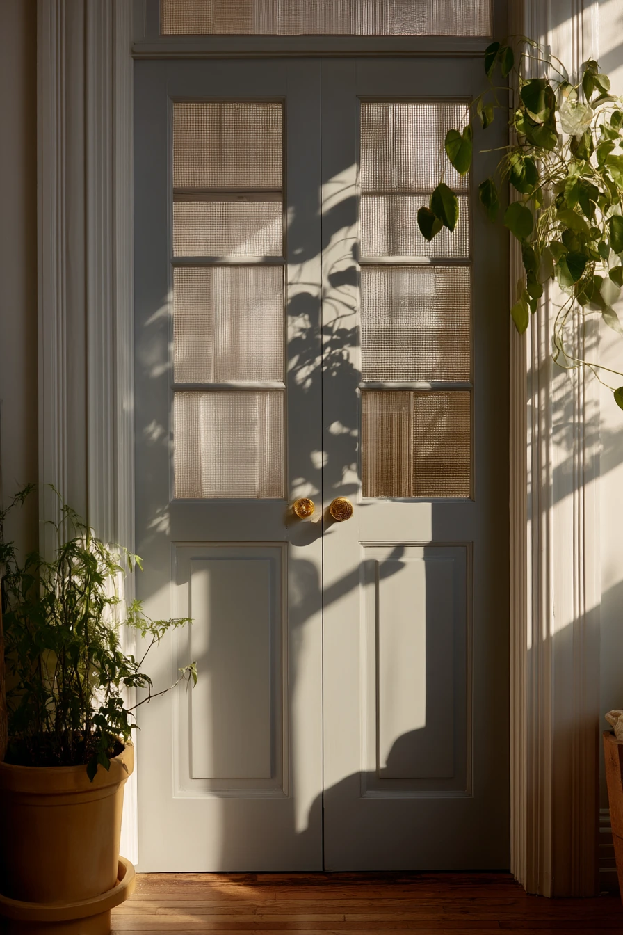 Glass-Paned Door with Soft Privacy for a Shared Bath