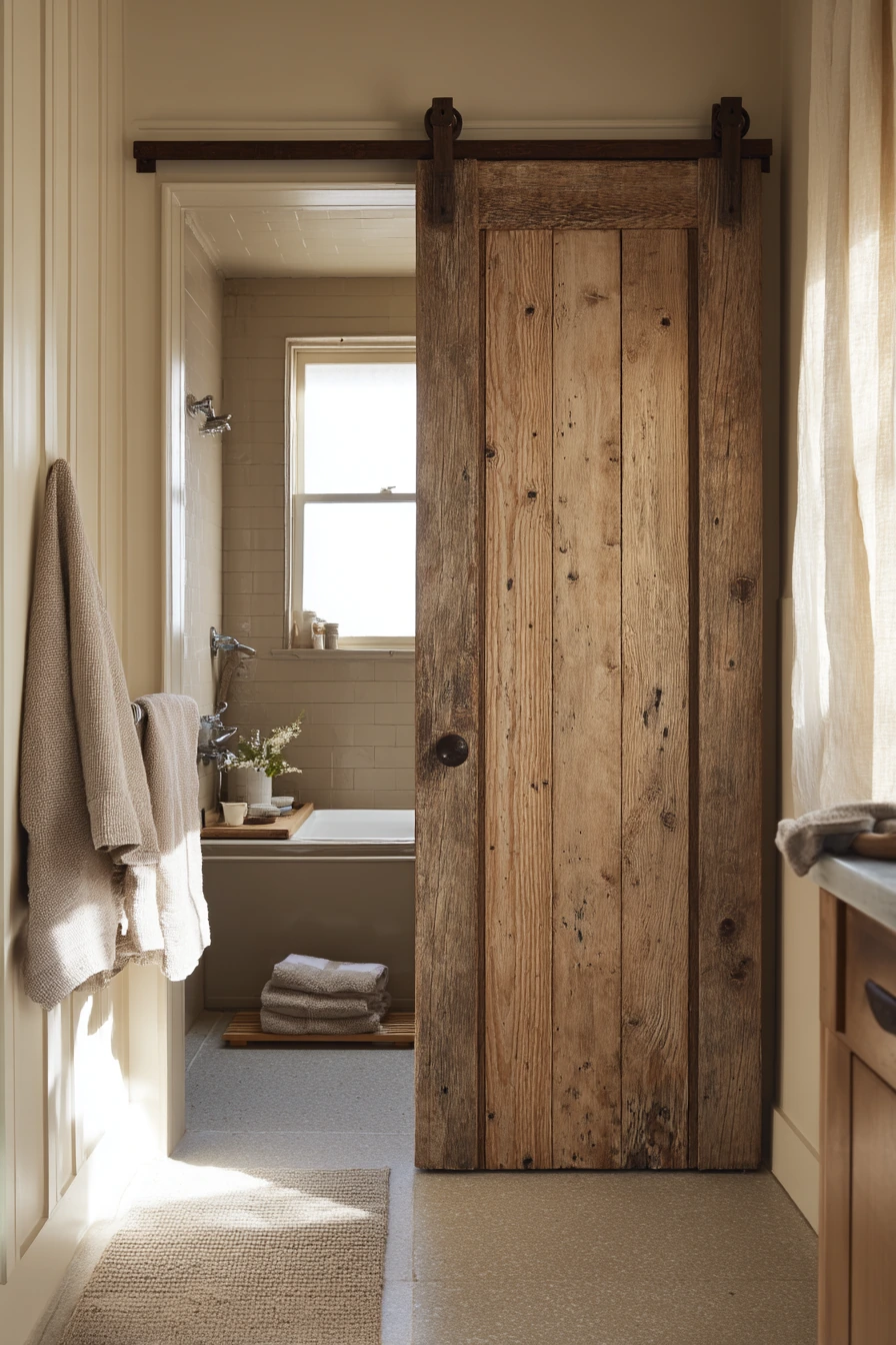 Rustic Pocket Door in a Farmhouse Bath