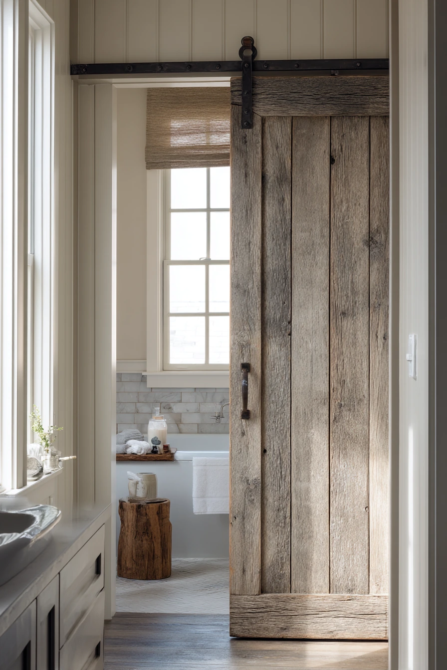 Rustic Pocket Door in a Farmhouse Bath
