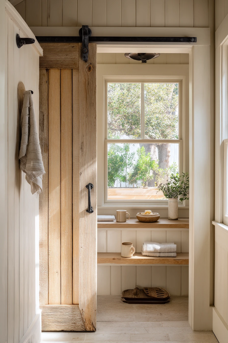 Rustic Pocket Door in a Farmhouse Bath