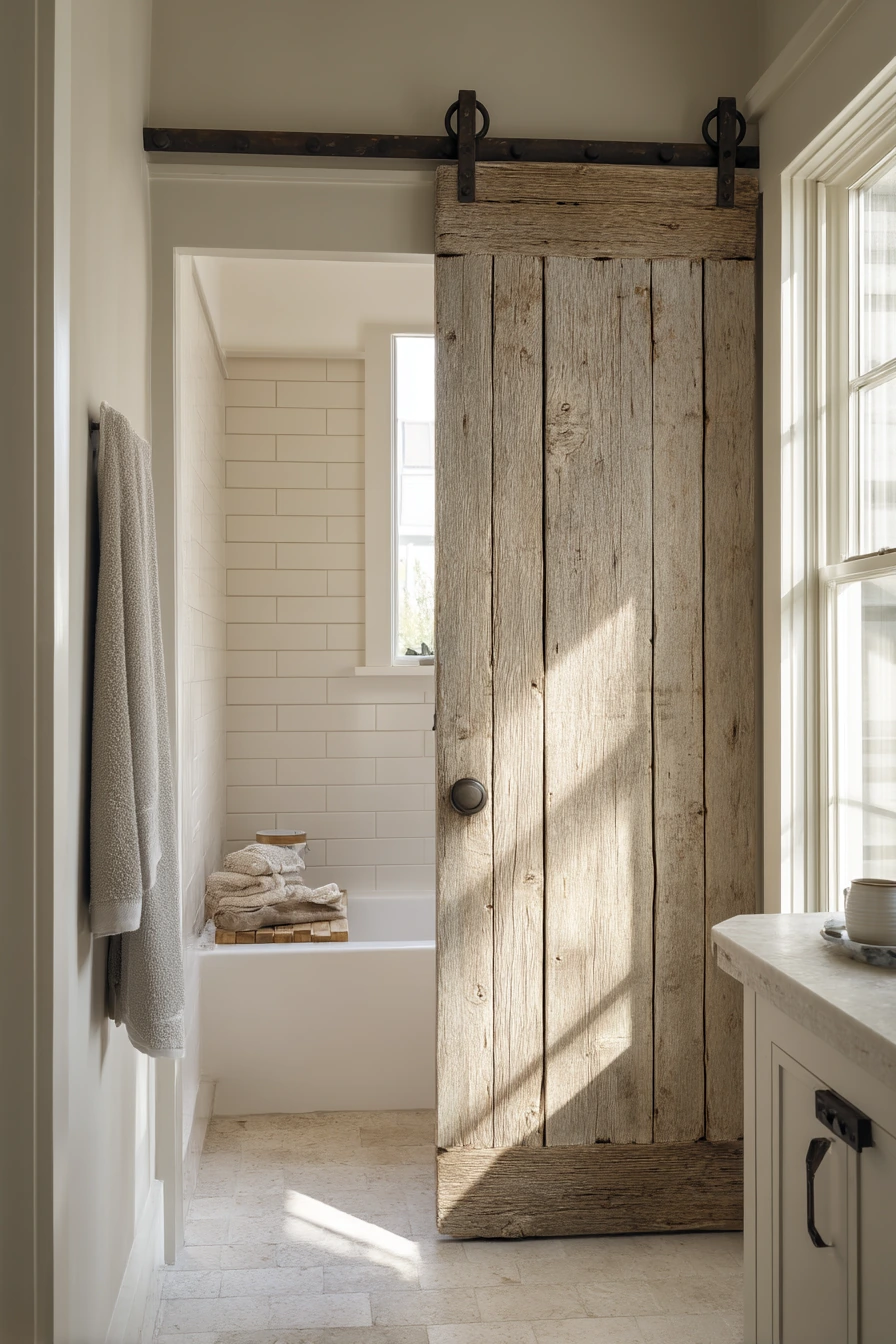 Rustic Pocket Door in a Farmhouse Bath