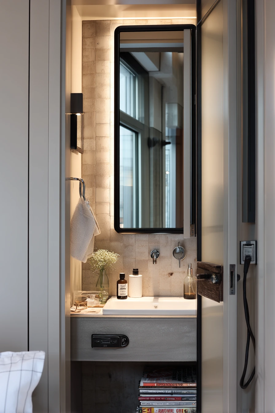 Mirror-Finish Door for a Compact Glam Bath