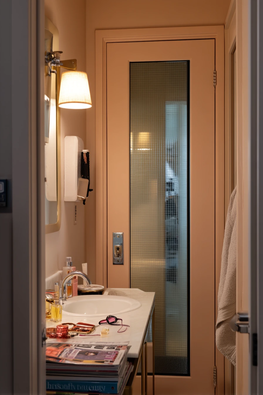 Mirror-Finish Door for a Compact Glam Bath