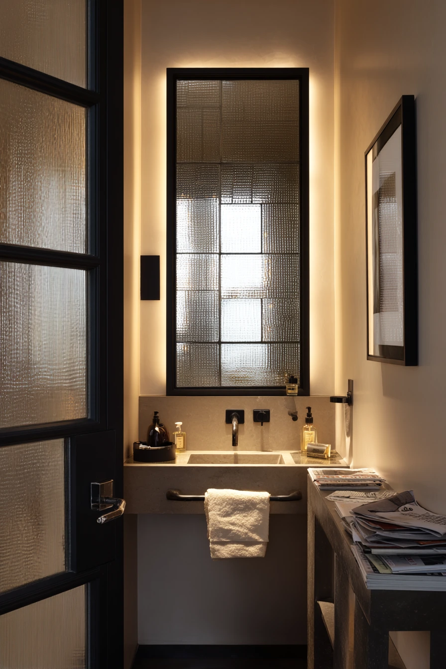 Mirror-Finish Door for a Compact Glam Bath