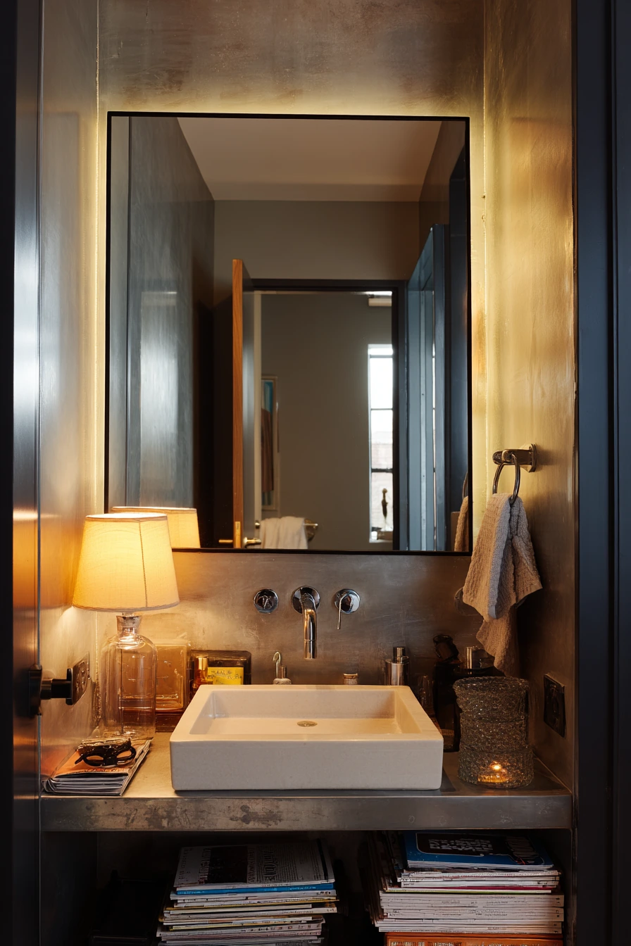 Mirror-Finish Door for a Compact Glam Bath