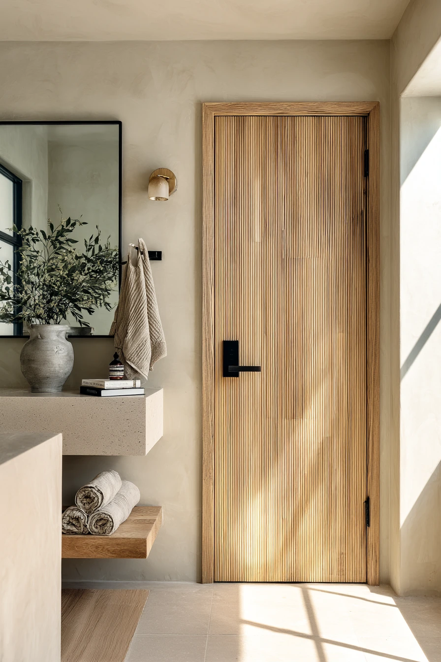 Textured Wood Door in a Spa-Like Everyday Bath