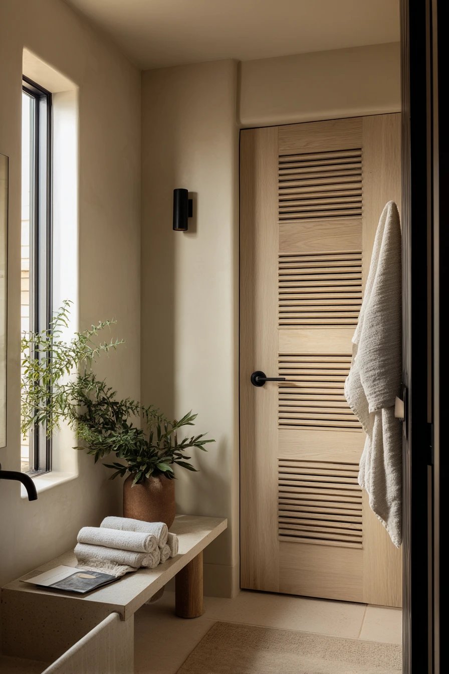 Textured Wood Door in a Spa-Like Everyday Bath