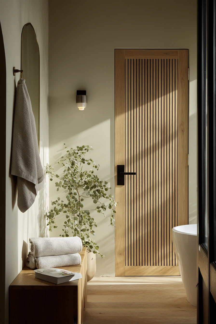 Textured Wood Door in a Spa-Like Everyday Bath