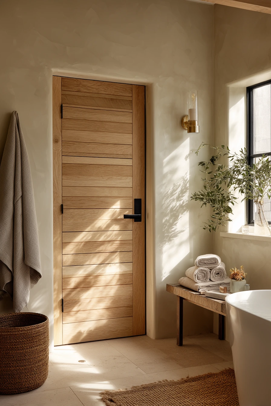 Textured Wood Door in a Spa-Like Everyday Bath