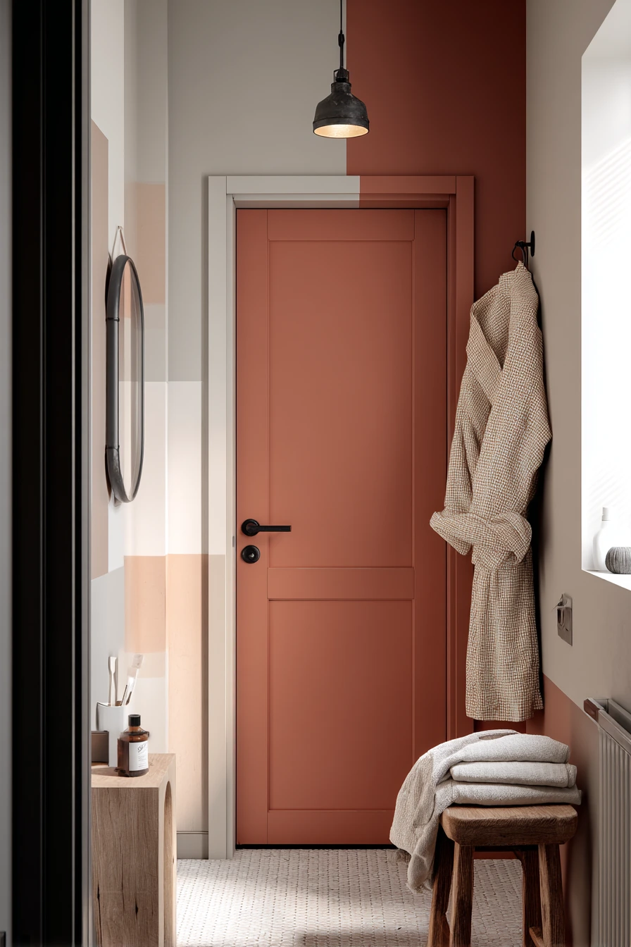 Bold Color-Block Door in a Small Apartment Bath