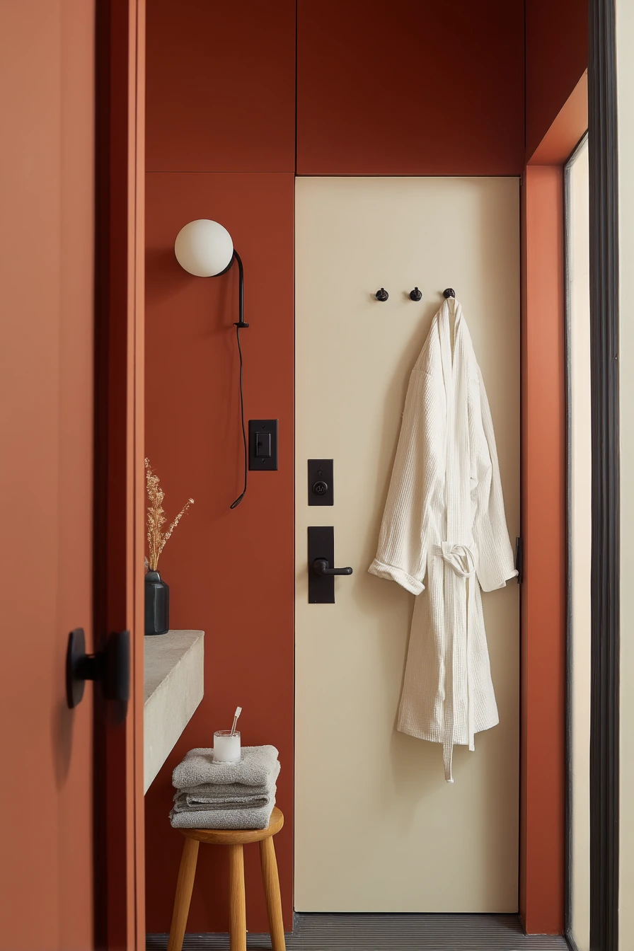 Bold Color-Block Door in a Small Apartment Bath