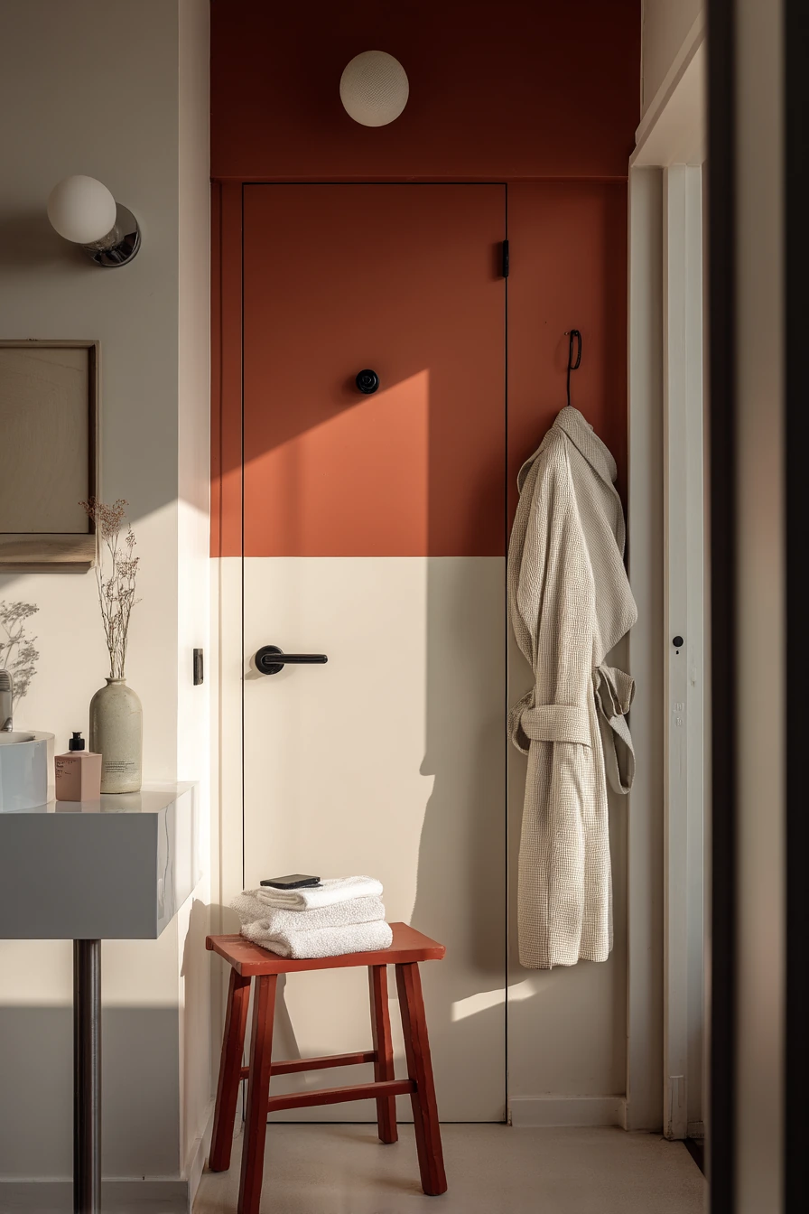 Bold Color-Block Door in a Small Apartment Bath