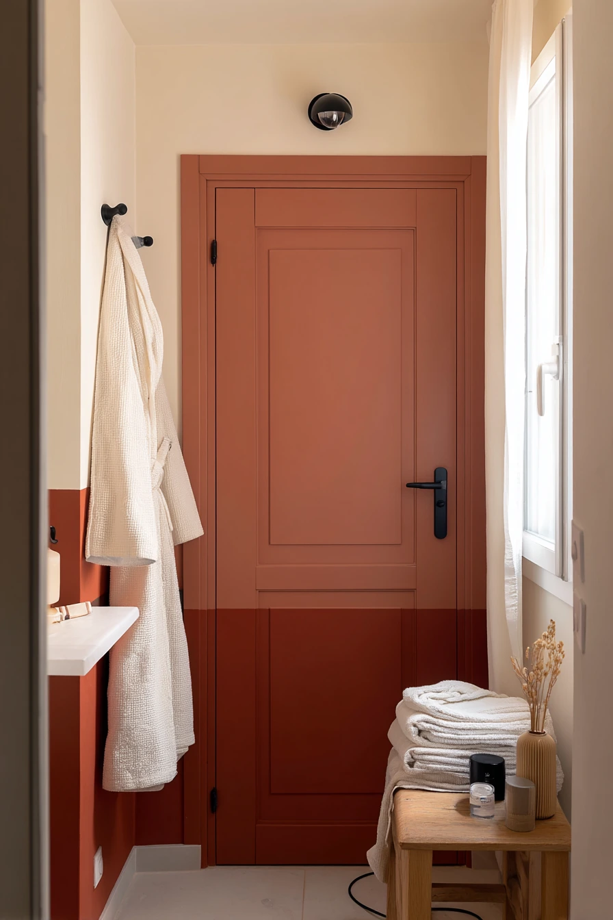 Bold Color-Block Door in a Small Apartment Bath