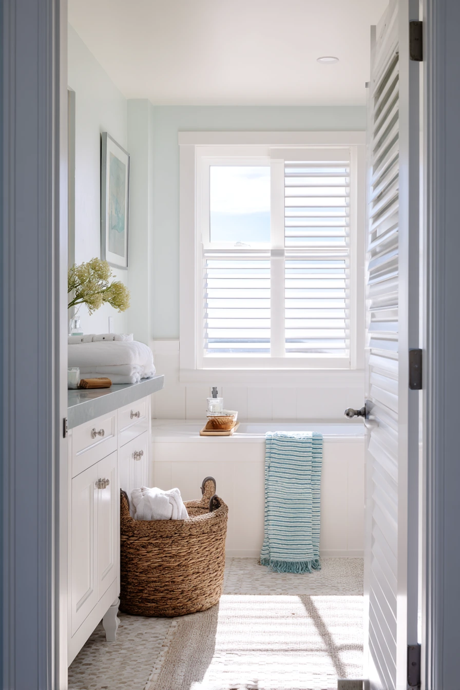 Louvered Door for a Coastal Family Bath