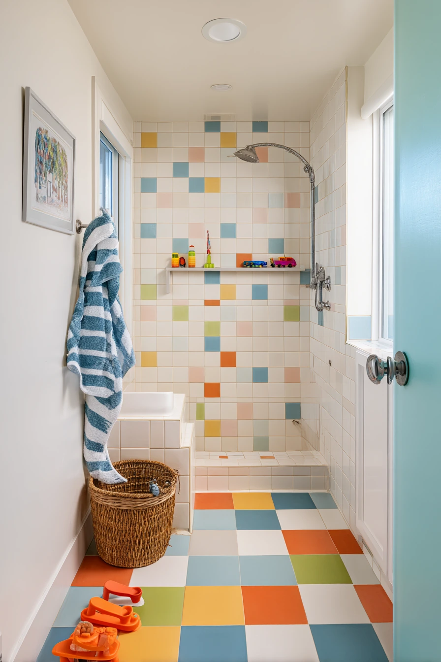 Kids’ Bathroom With Playful Tile Pattern