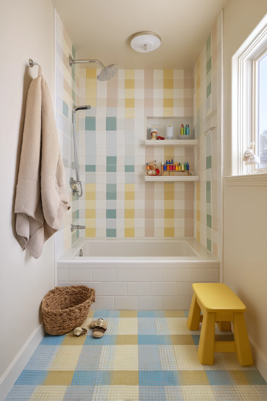 Kids’ Bathroom With Playful Tile Pattern