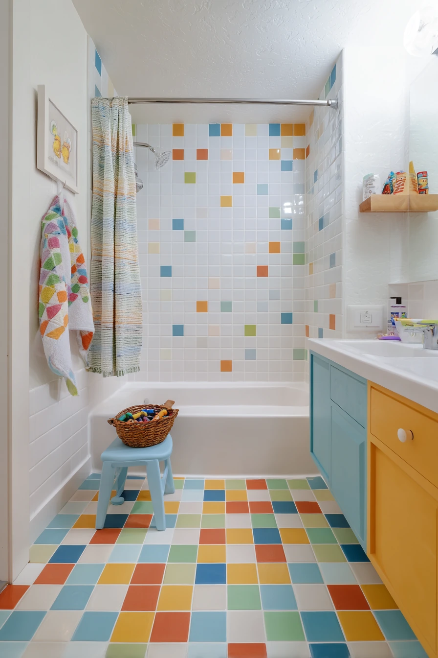 Kids’ Bathroom With Playful Tile Pattern