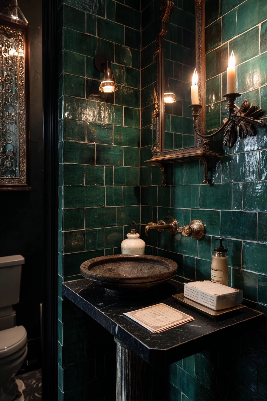 Moody Tile Powder Room for Guests