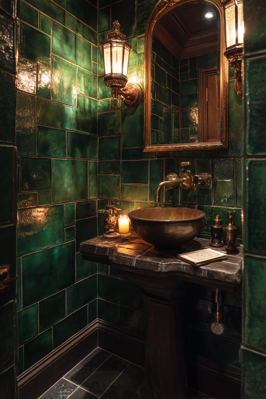 Moody Tile Powder Room for Guests