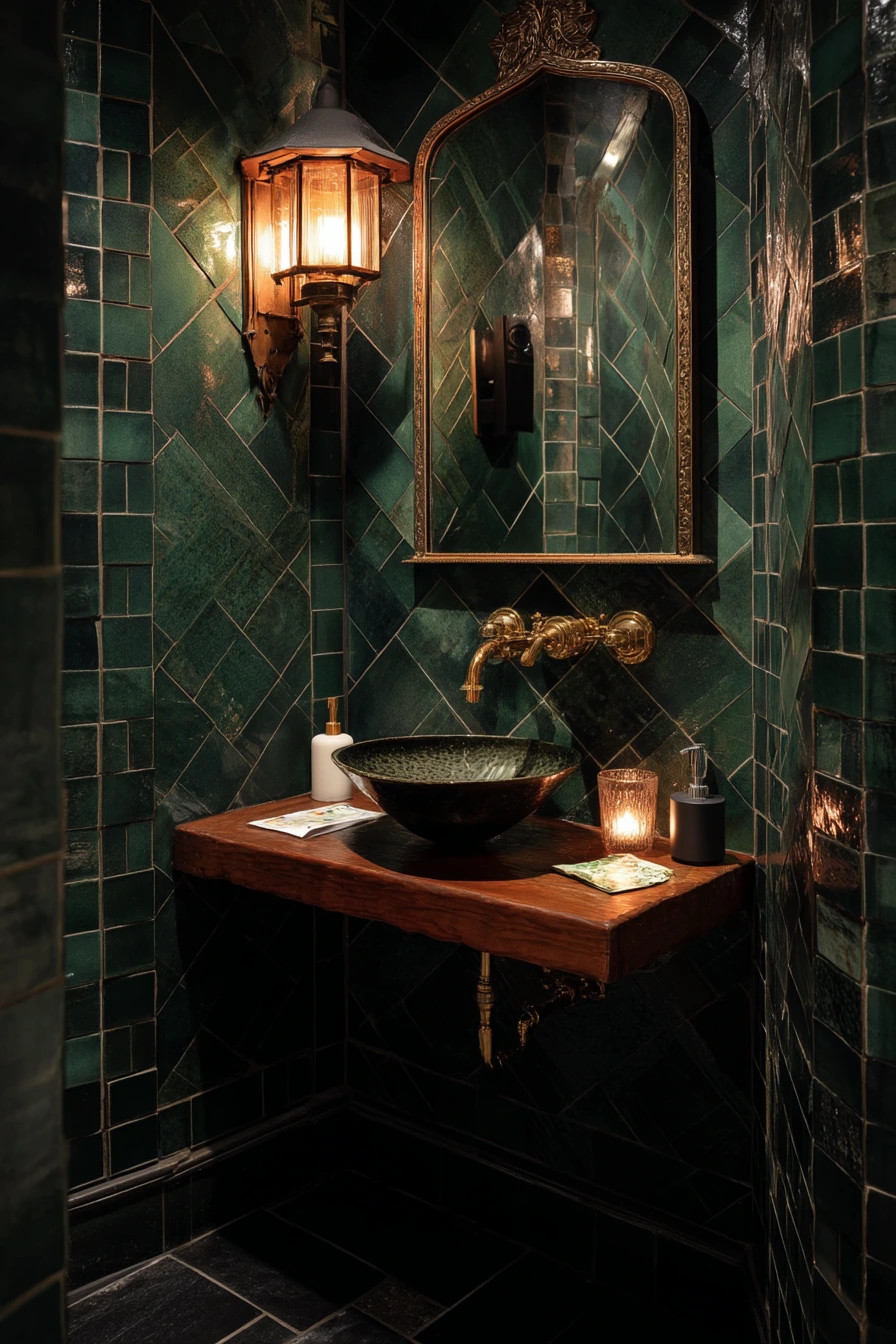 Moody Tile Powder Room for Guests