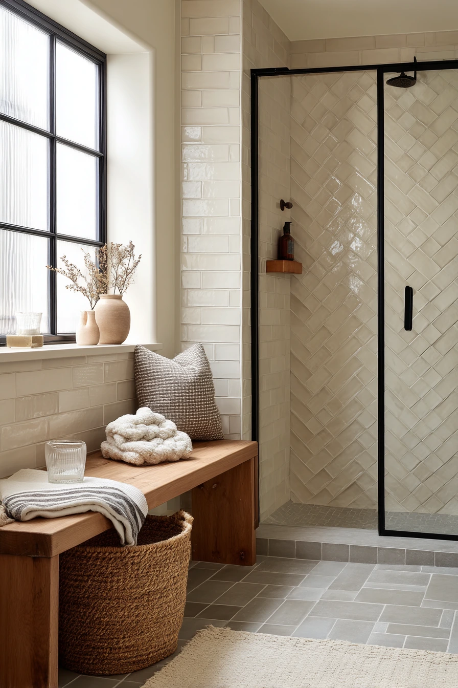 Modern Farmhouse Bathroom With Textured Tile