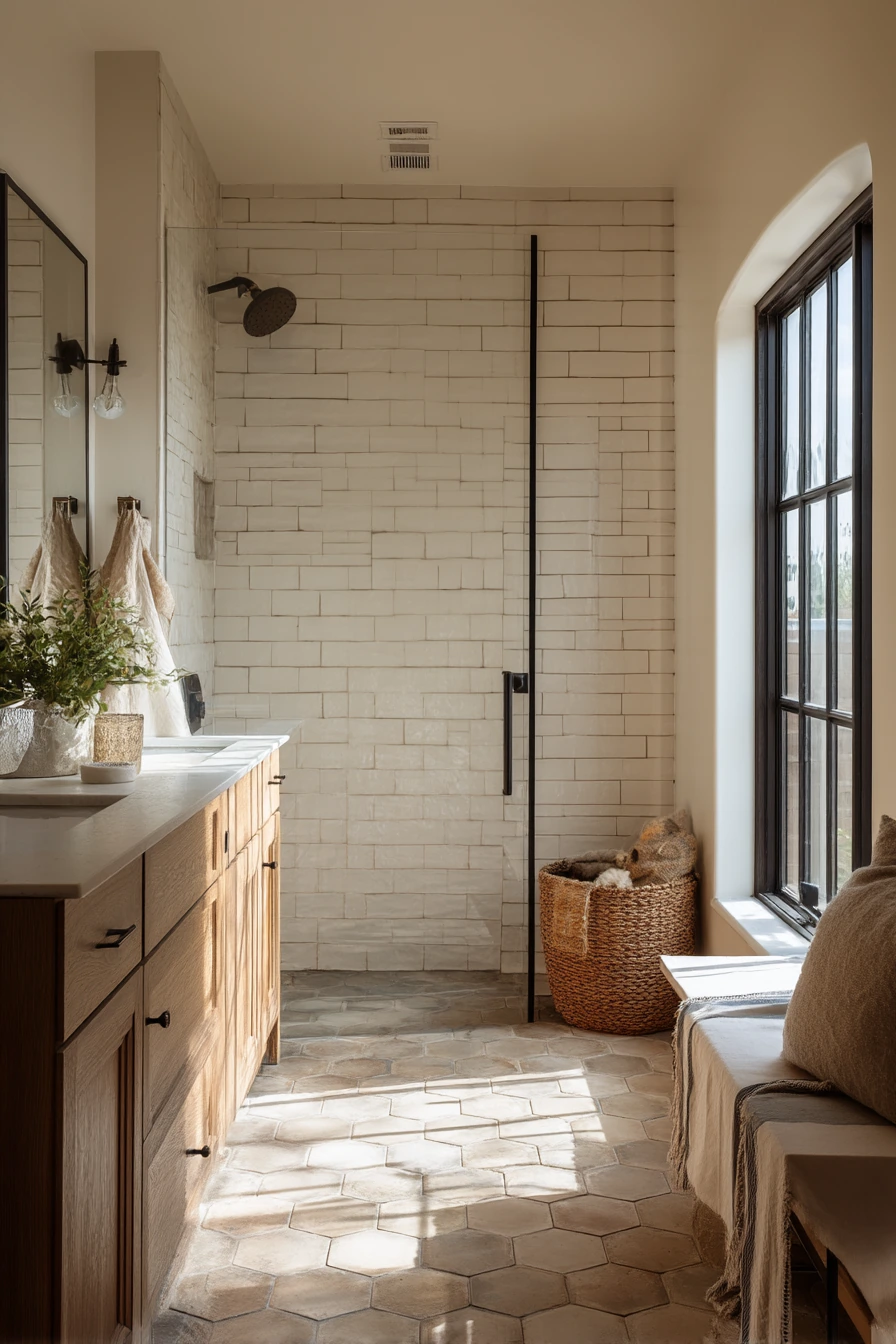 Modern Farmhouse Bathroom With Textured Tile