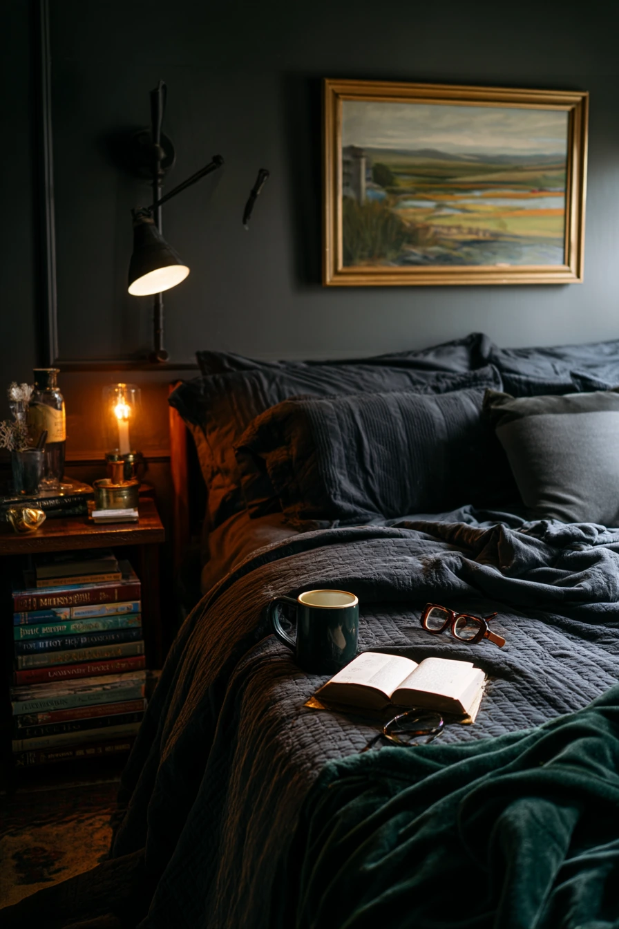 Dark, Moody Bedroom for Night Reading