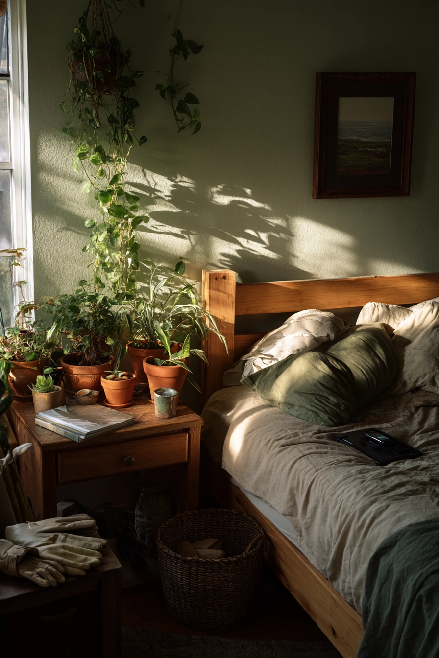 Plant-Filled Bedroom with Natural Texture