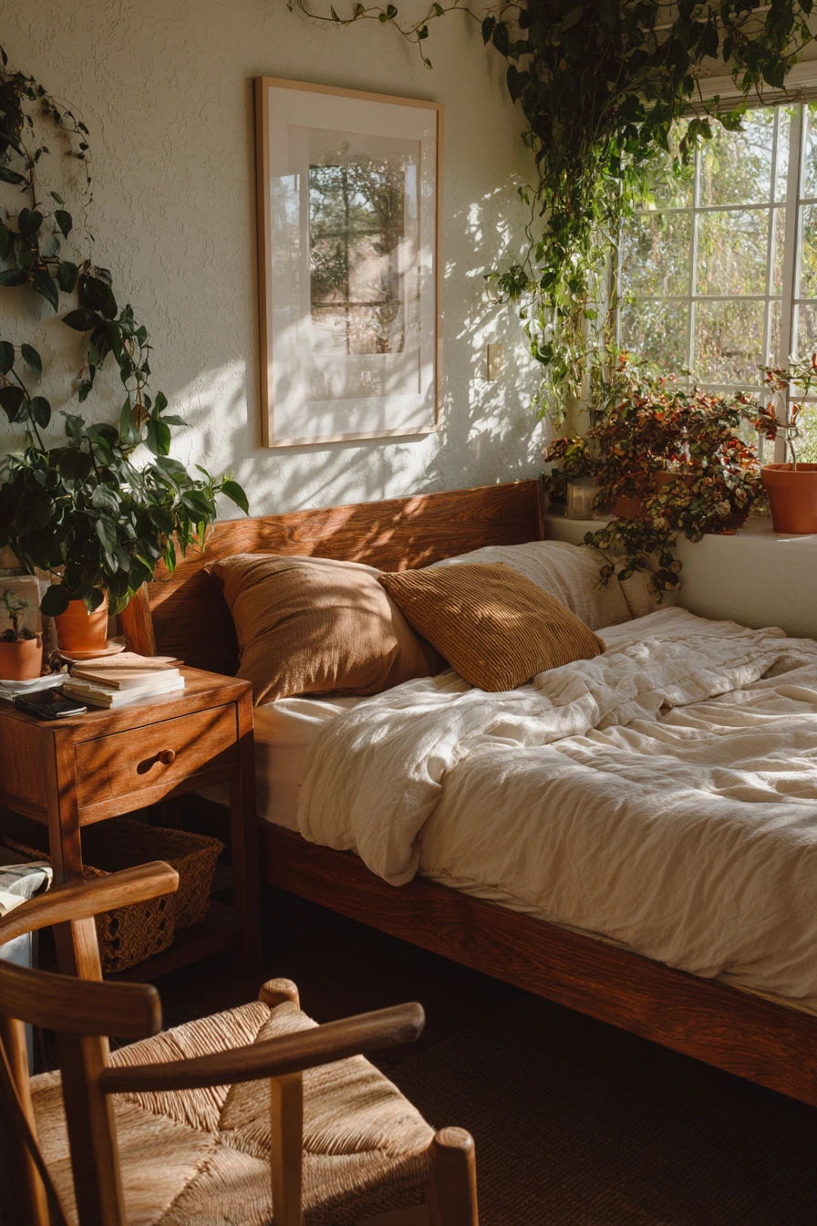 Plant-Filled Bedroom with Natural Texture