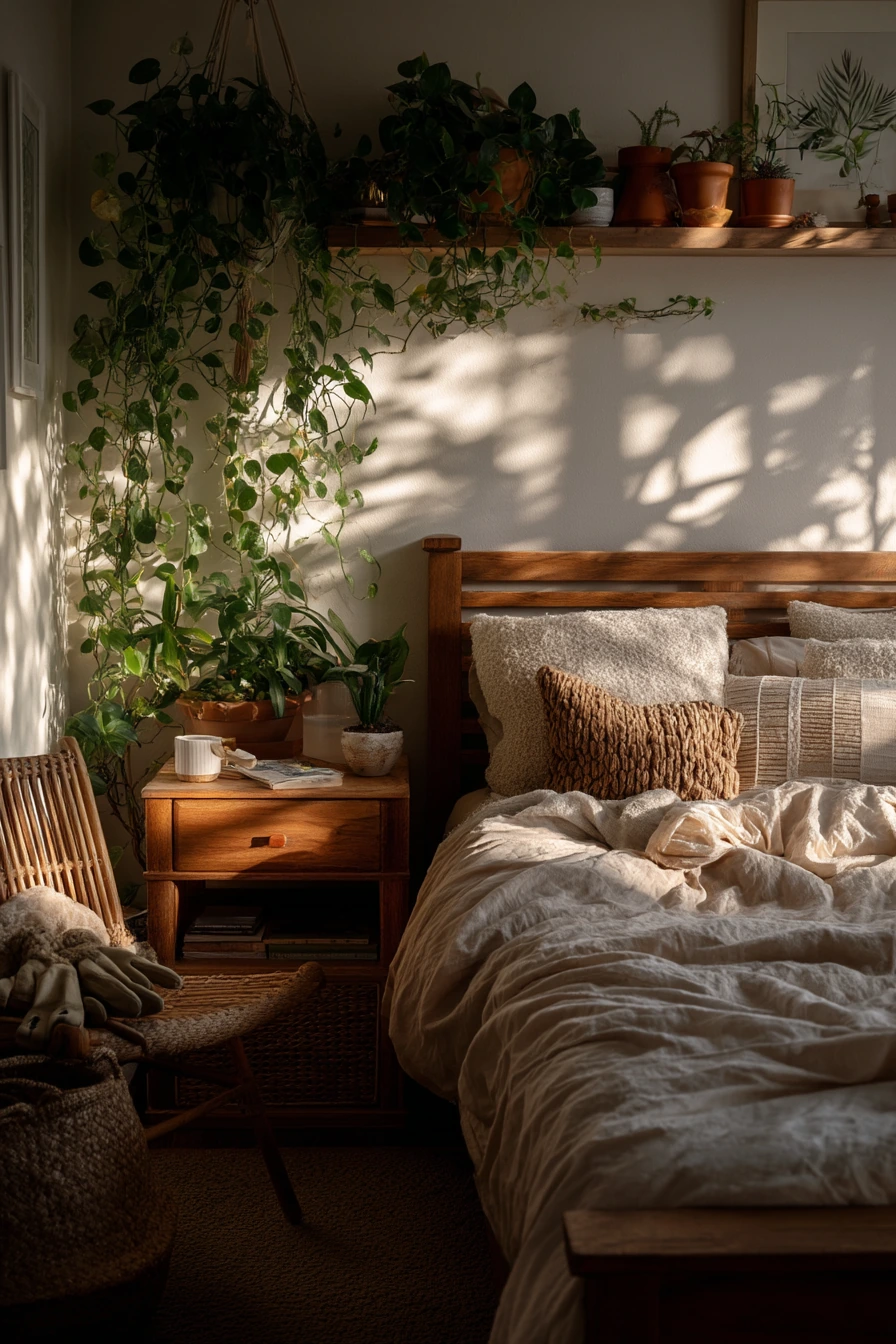 Plant-Filled Bedroom with Natural Texture