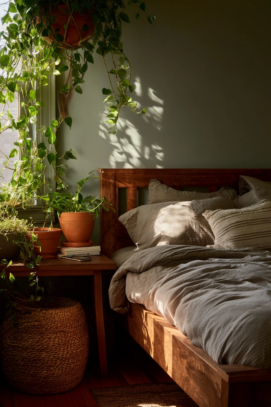 Plant-Filled Bedroom with Natural Texture