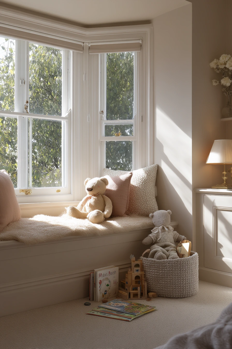 Kids’ Bedroom with a Cozy Bay Window Bench