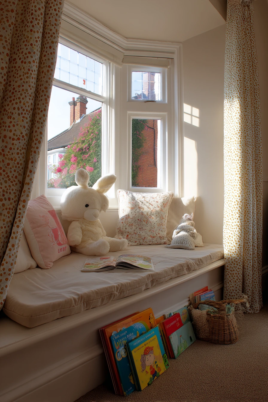 Kids’ Bedroom with a Cozy Bay Window Bench