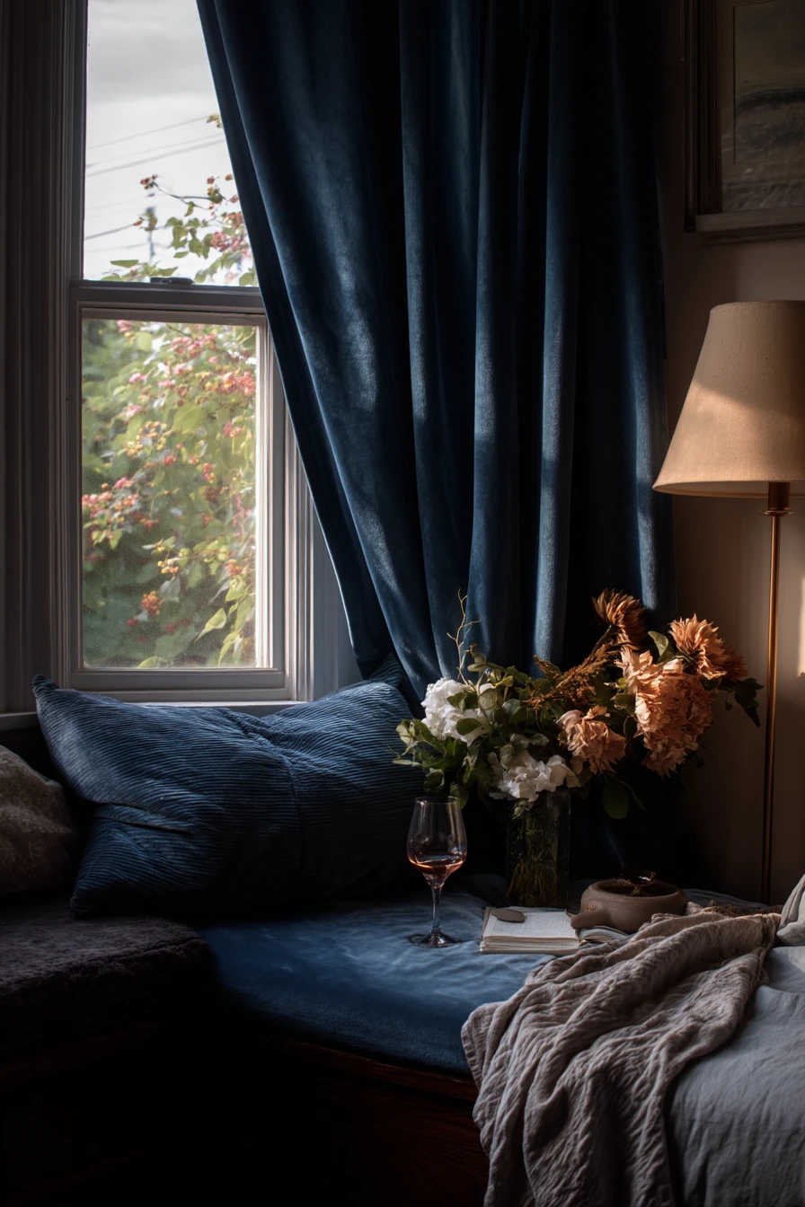 Romantic Bay Window with Soft Evening Lamps