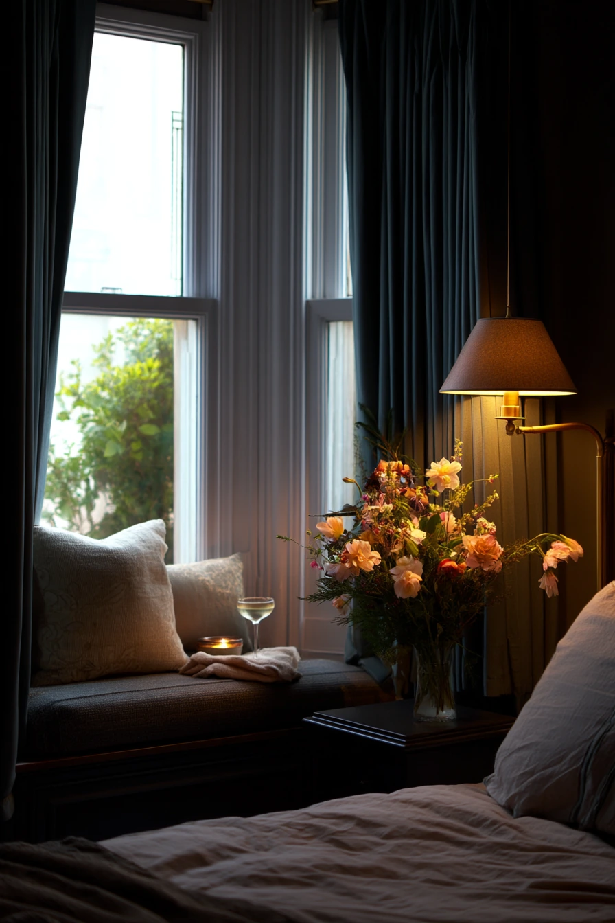 Romantic Bay Window with Soft Evening Lamps