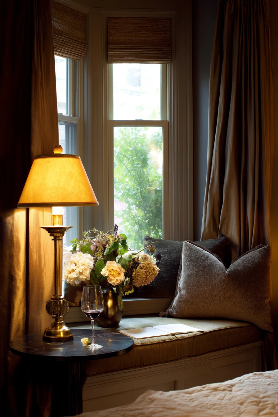 Romantic Bay Window with Soft Evening Lamps